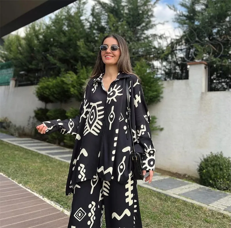 Women Pant Sets Suit Print Turn Down Collar Long Sleeve Matching Sets Casual Shirt Waist Lace Up High Waist Wide Leg Pant