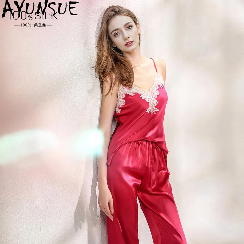 

AYUNSUE 100% Silk Woman Pajama Sets Stylish Sleeveless V-neck Sleepwear Long Pj Pants High Quality Womens Matching Sets Пижама