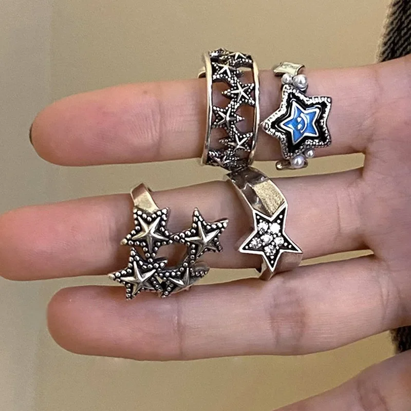 2024 Gothic Unisex Star Ring Set Punk Grunge Cross Star Woman Man Jewelry Hip Hop Party Street Ring Accessories New Gift