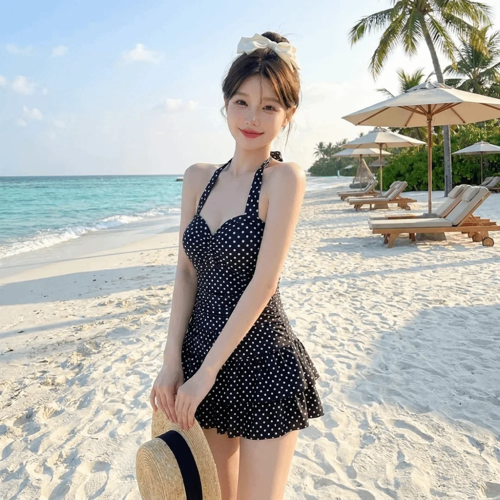 Ruffle Skirt Polka Dot One-Piece Swimsuit Backless Design Slimming Tummy Control Beach Dress High Waisted Halter Neck