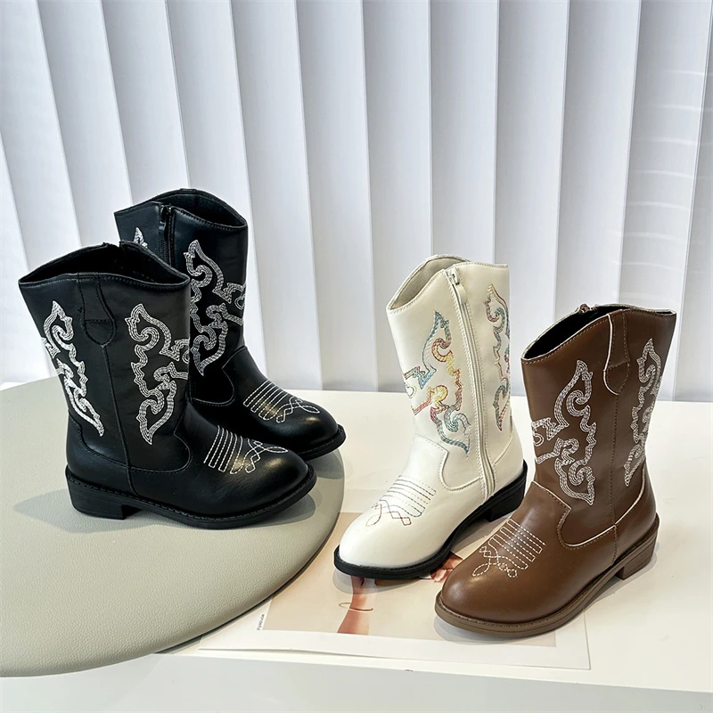 

Leather Girls Print Decorative Cowboy Casual Ankle Boots 2025 Autumn and Winter Non-slip Side Zipper Retro Children Boots.
