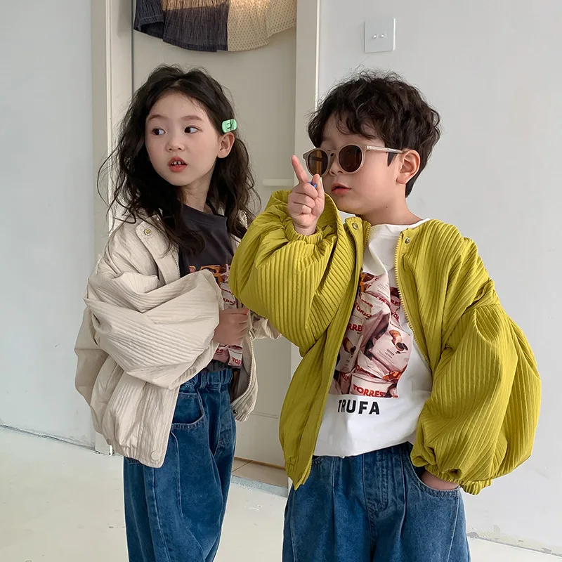 

2023 Spring Korean style kids fashion puff sleeve Coats boys and girls zipper casual short Jackets