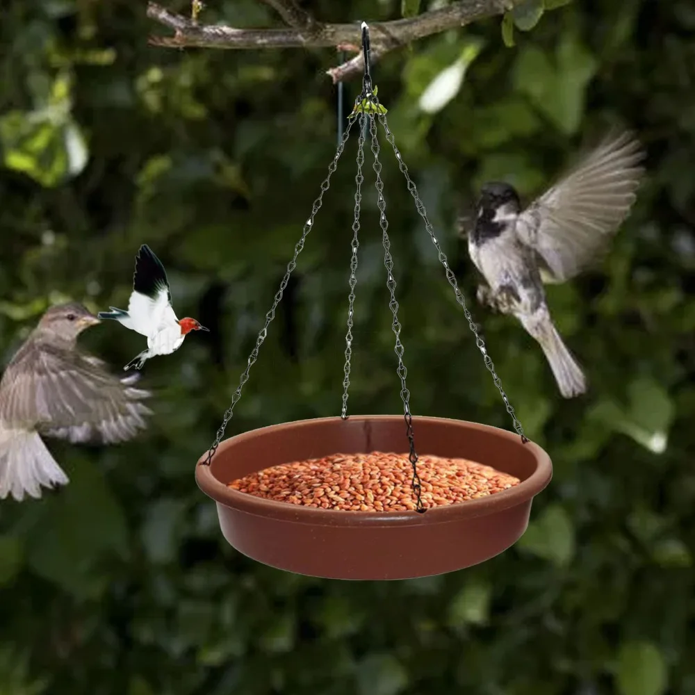 1 set of 2 Round Shape Hanging Bird Bath Iron Chain Plastic Hanging Bird Feeder Wide Shallow Bowl Rust Prevention Coating