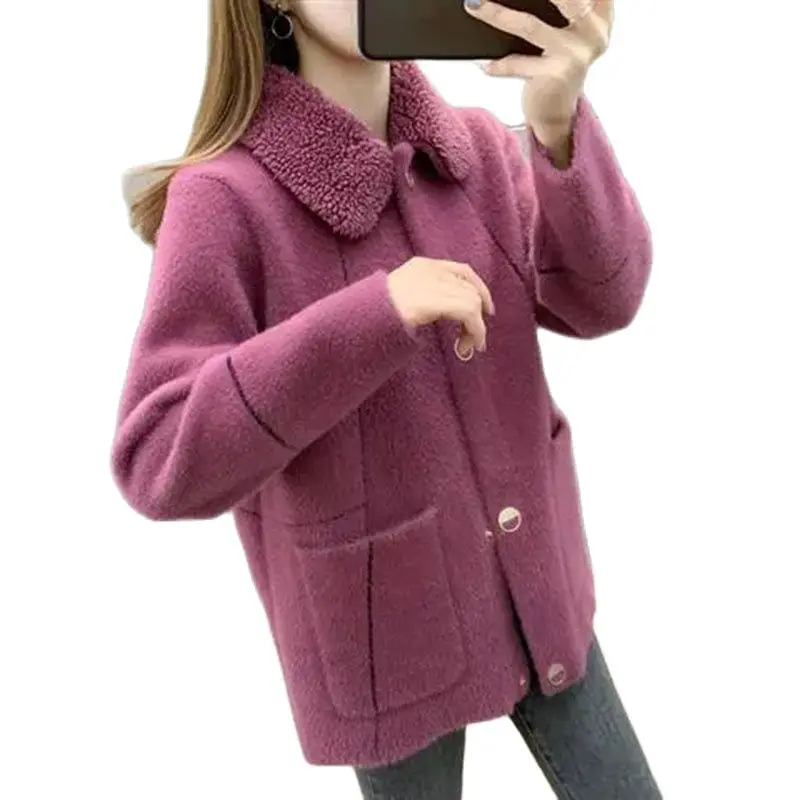 

Winter 2023 New Mink Wool-Like Warm Woolen Coat For Women's Lapel Cardigan Sweater Loose Wild Buttons Solid Color Outcoat