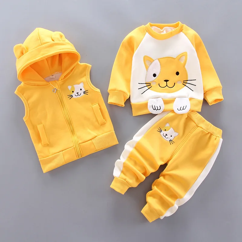 2023New Children's Clothing Boy Girl Baby Autumn And Winter Plus Velvet Thickening Hooded Cartoon cat Three-Piece Baby Suit 0-4Y