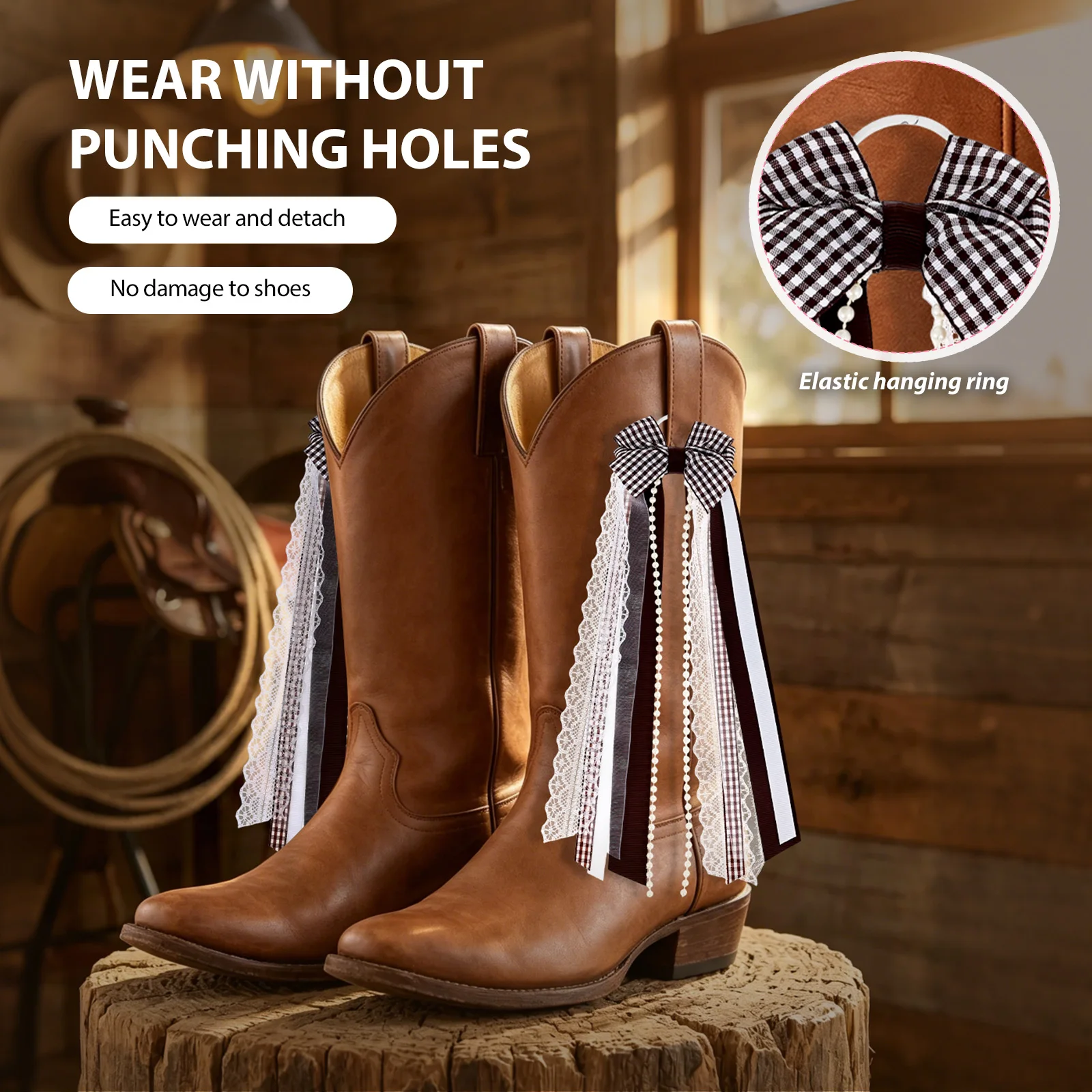 4 Pcs Western Boot Bow Charms Decorative Layered Gingham Ribbon Bow Boot Charms Built In Elastic Hanging Loop Boot Accessories