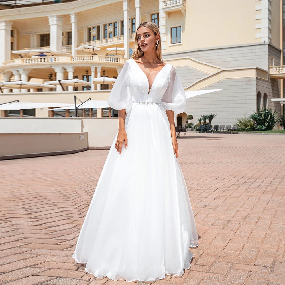 

Elegant Strapless Wedding Dresses with Beading 2024 Summer New Half Puffy Sleeve A Line Soft Tulle New Vestidos De Novia