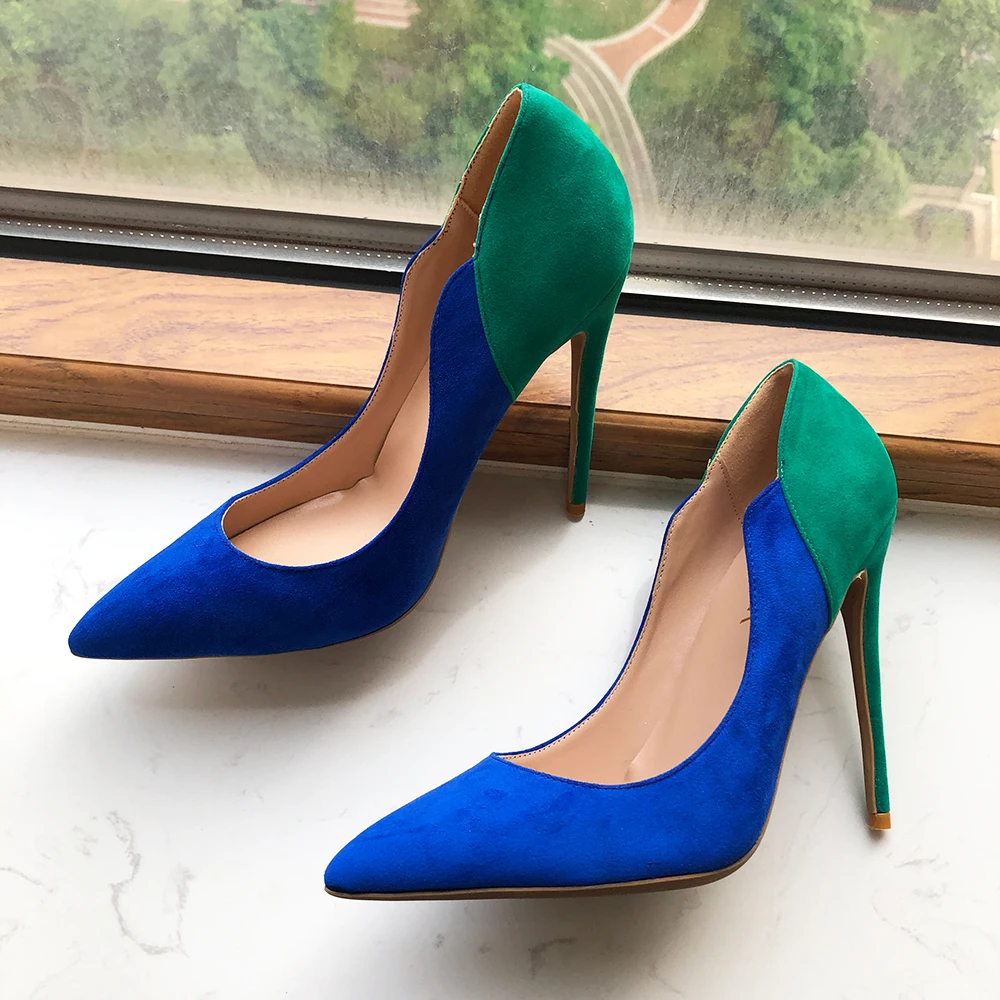 Tikicup Blue With Green Flock Women Elegant Pointy Toe High Heel Shoes Sexy Stiletto Pumps Party Dress Customizable 12/10/8cm