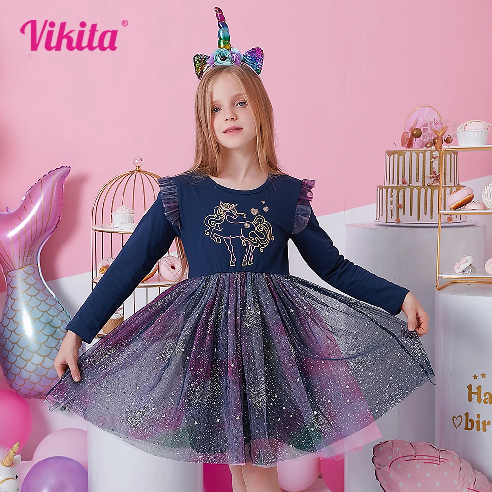 VIKITA Girls Long Sleeve Autumn Spring Dress Kids Licorne Embroidery Appliqued Gradient Dresses Girls Party Princess Dresses