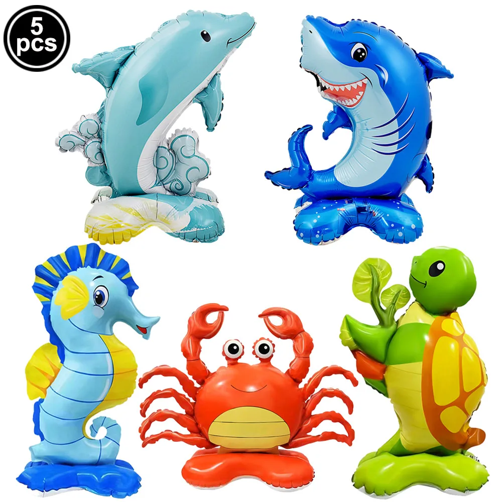 Ballons Gonflables en Forme d'Animal Marin, Requin, Hippocampe, DolDave, Crabe, en Aluminium, Décoration de ixd'Anniversaire, PréChristophe, sur le Thème de l'Océan, 5 Pièces