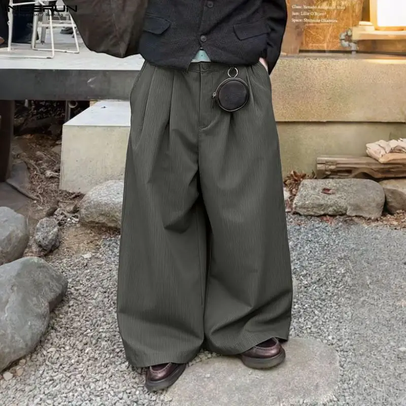 INCERUN Men Pants Solid Color Button Joggers Pleated Casual Wide Leg Trousers Men Streetwear Loose 2025 Fashion Male Long Pants