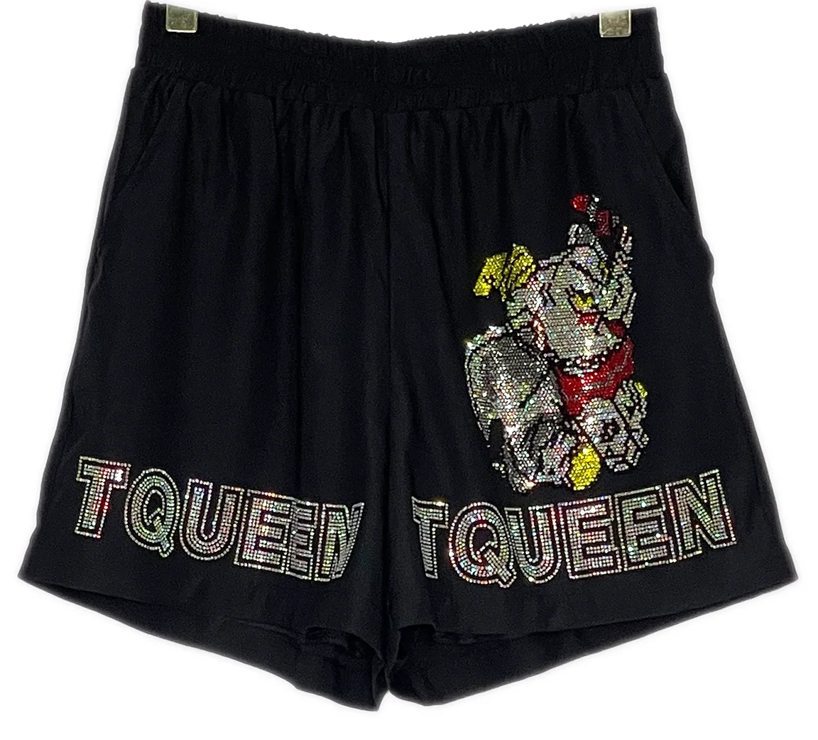 European Goods Heavy Industry Diamond Cartoon Letter Shorts Elastic Waist Black Casual Shorts 2024 Summer Thin Women Shorts