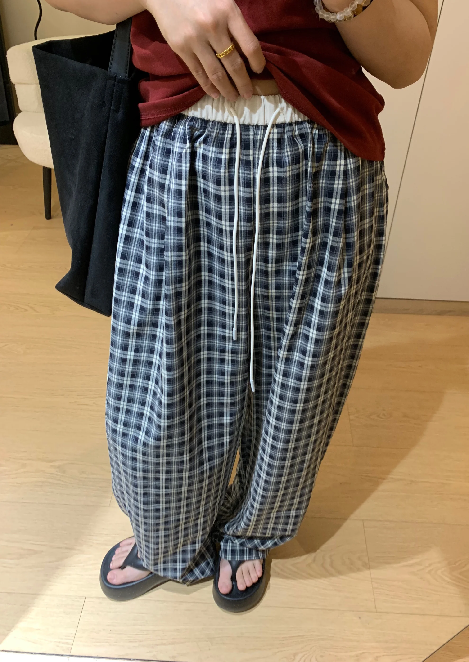 

Loose Comfortable Plaid Straight Leg Pants Women's Spring Summer Casual Wide Leg Long Floor-Length Dstring Waist Trousers