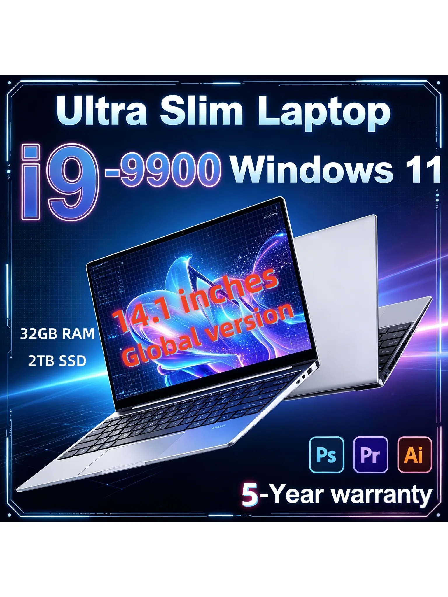 LENO 14.1-calowy ultracienki laptop z systemem Windows 11 Pro, procesor Intel Core i9-9900, 32 GB RAM, 1 TB/2 TB, notebook PC, 4K HD, laptopy do biura i nauki — 2