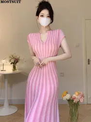 2024 Summer Slim Knit Bodycon Dress For Women Short Sleeve V-neck Dresses Gradient Striped A-line Vestidos Mujer Femme Ropa