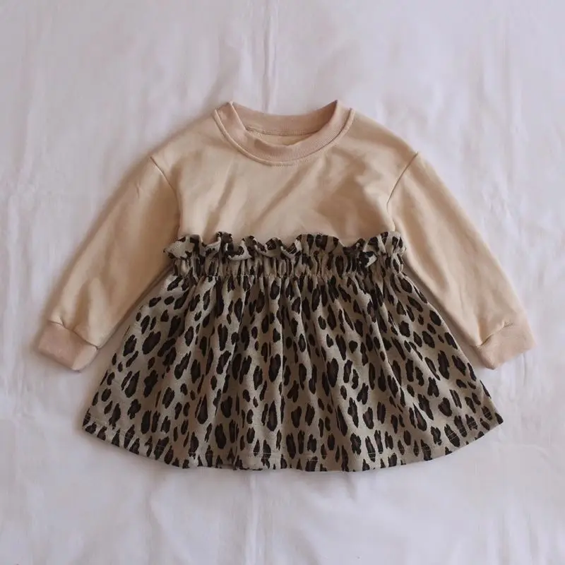 Girl Dress Spring Autumn 2024 New Leopard Print Sweater Spliced Princess Clothes Casual Simple Fashion Sweet Korean Cute Vintage