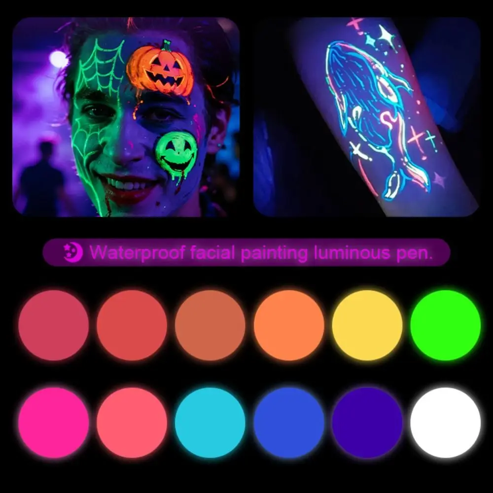 12 Colors Glow Face Paint Markers Black Light Reactive Non-Toxic Body Paint Markers Set Easy Wash Off Water-Based