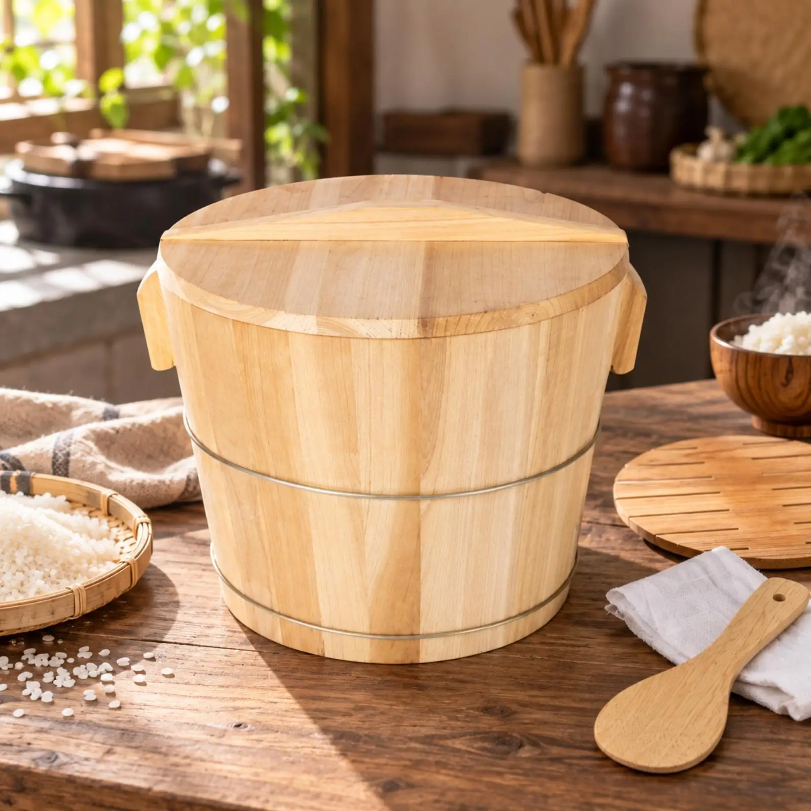 Fir Wood Steaming Rice Cooker Bucket with Lid for Steamed Glutinous Rice Round Tapered Body Metal Reinforcing Bands Kitchen