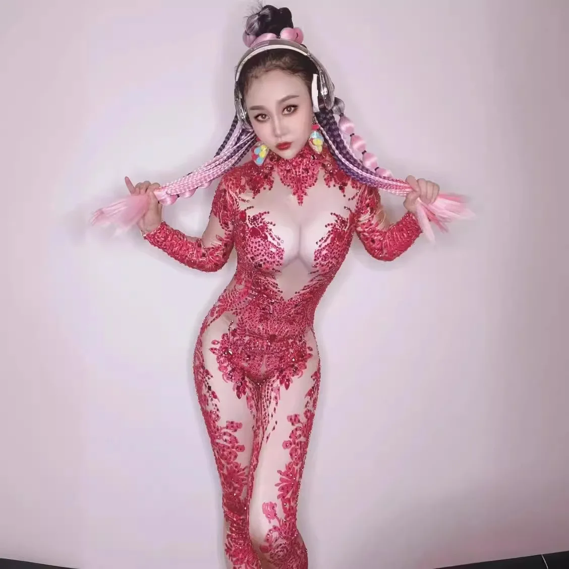 Pink Bodysuit Stage Dance Blue Jumpsuits Party Women Club Show Costume