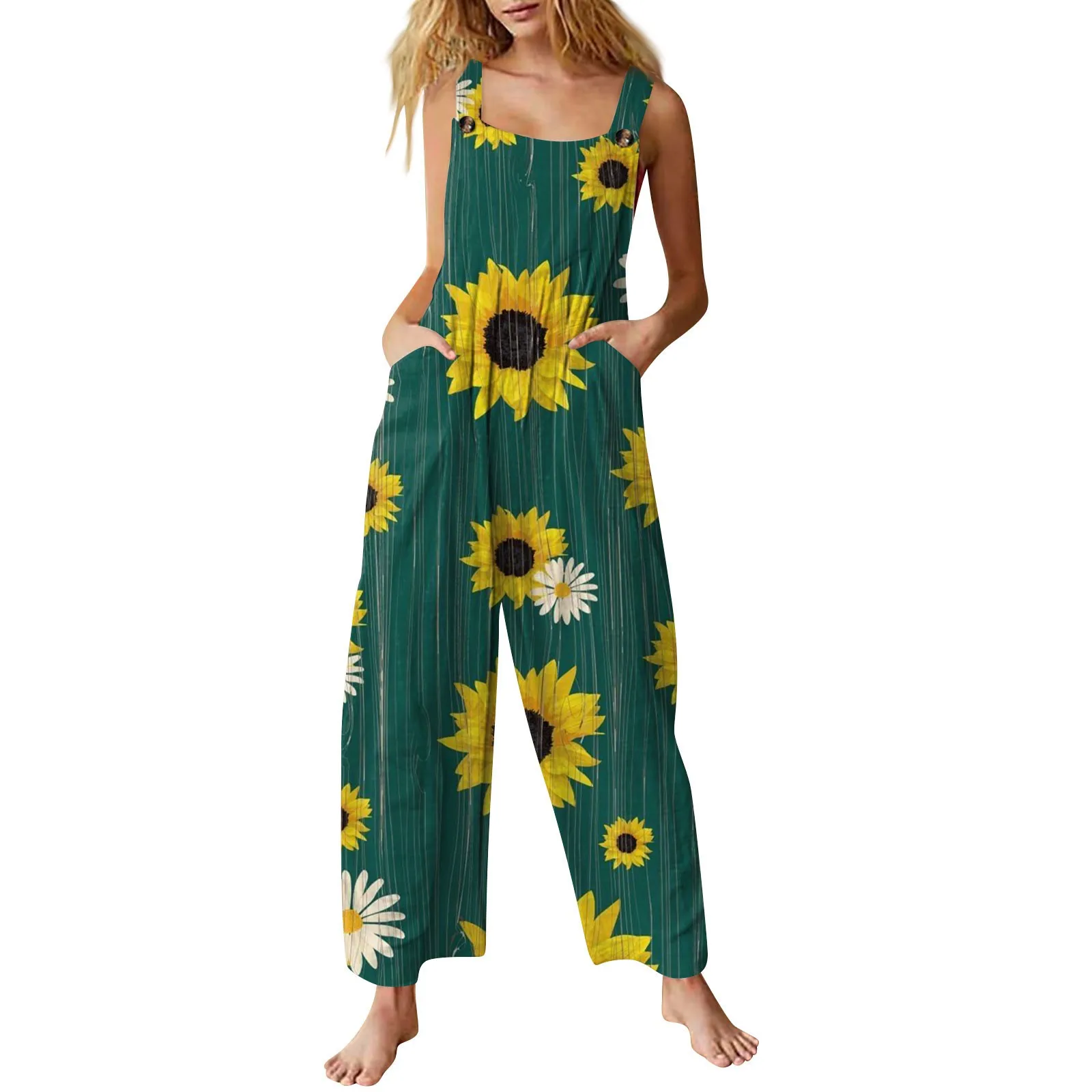 

Women Loose Overalls Sunflower Printed Pattern U-shaped Collar Sleeveless Jumpsuits Female Summer Cotton Linen Casual Rompers