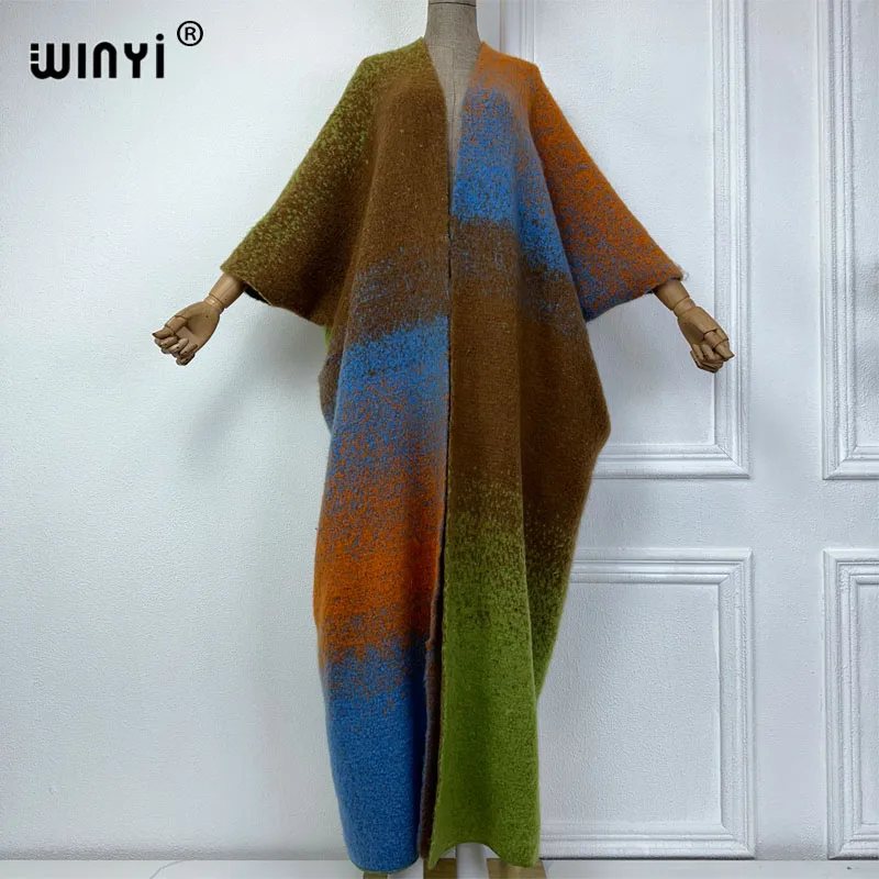 WINYI-traje de Invierno para mujer, abrigo neutro de piel de lujo, abrigo grueso y cálido con estampado Gradual, poncho largo, vestido de fiesta de