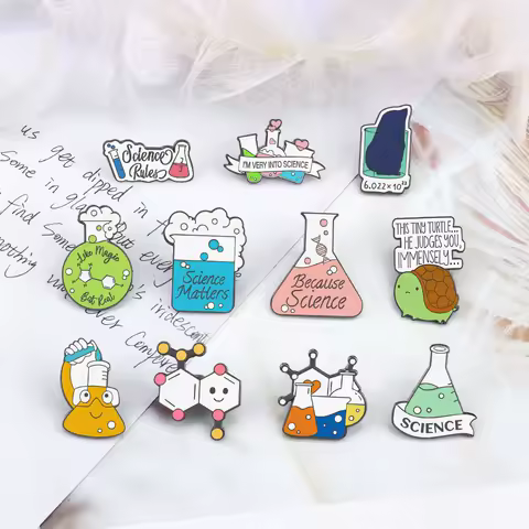 Chemistry &amp; Science!Funny Chemical Experiment Enamel Pin Cartoon Beaker Glass Flask Bag Brooch Chemical Element Molecular Badges