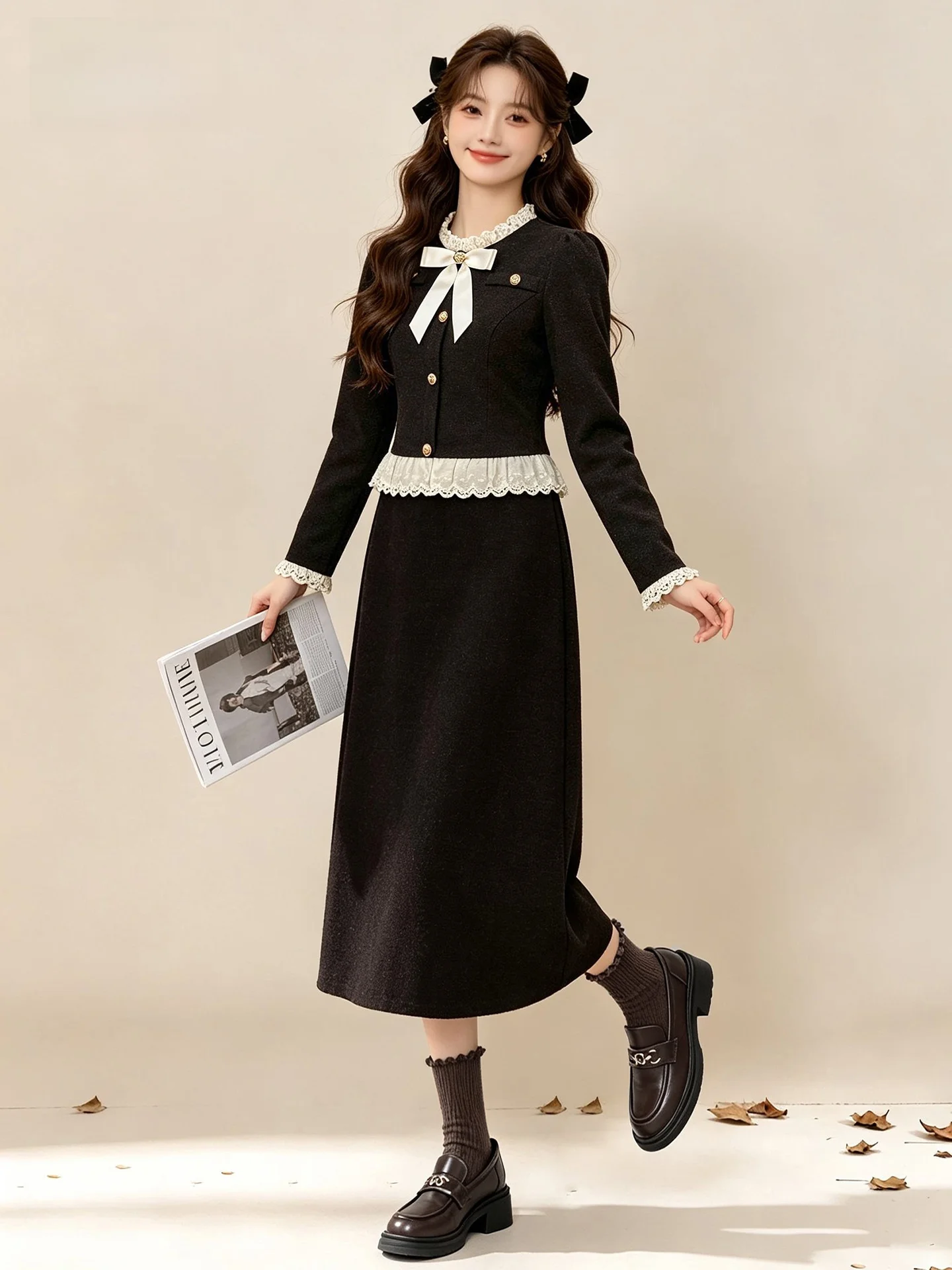 Chuchu Home 2026 Anti-Aging Complete Set Women's Autumn Winter Miu Series Missy Short Straight Tube Long Dress Two-Piece Set