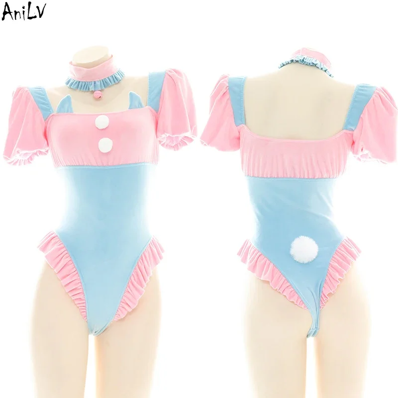 AniLV Anime Lolita Girl Maid Series Pyjama Swimsuit Costume pour femme, Cartoon Cute, Kawaii Student, Pink Blue Lingerie Set, Cosplay Costume