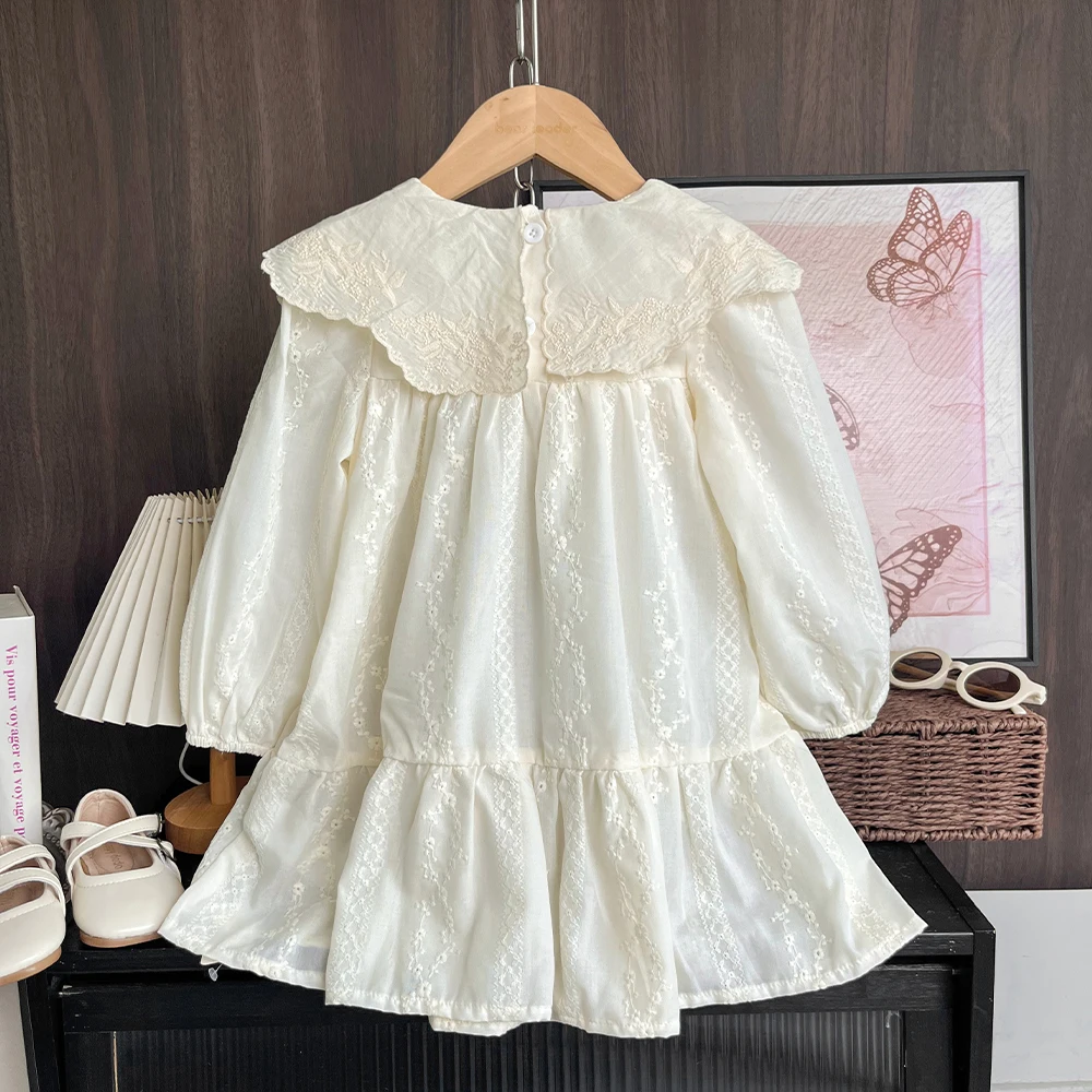 Beige Long Sleeved Lapel Print Kids Dresses for Girls Spring and Autumn Korean Children Aged 3-7 Solid Color 1-piece Dress