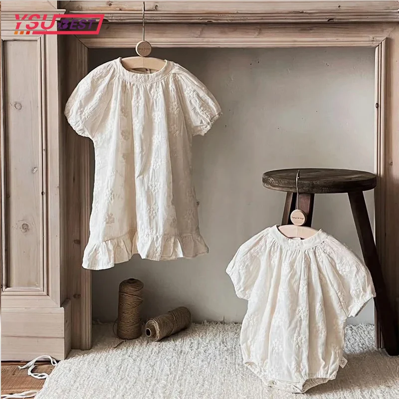 

Sister Vintage Toddler Girls Dress Summer Short Sleeved Floral Embroidery Dress Baby Girls Rompers Family Sister Dress Outfits