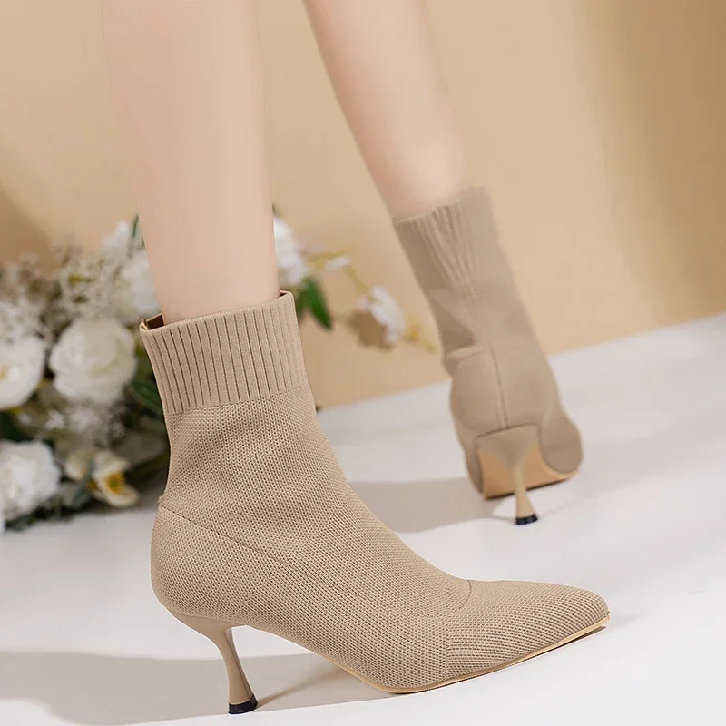 Women Ankle Boots Pointed Toe High Heels Autumn Fashion Women Socks Shoes Stretch Fabric Slip-On Sexy Sock Heeled Chelsea Boots