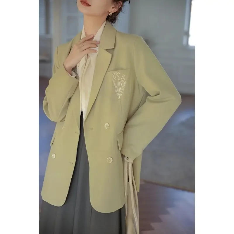 Insozkdg 2024 New Spring Autumn Embroidered Suit Jacket Women Green Casual Blazer Oversize Chic Suit Female Coat Women Clothing