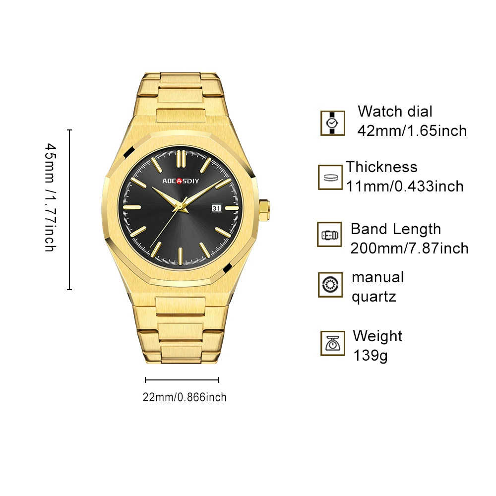 AOCASDIY Men's Quartz Watch Alloy Octagonal Case Date Display Night Light Hands Waterproof Function Business Watch Daily Gift