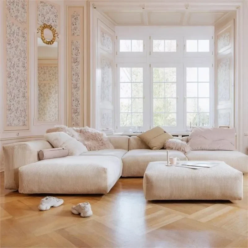 for Nordic Retro Corduroy Fabric Sofa Living Room Wabi Sabi Style Medieval Cream Chaise Lounge Combination