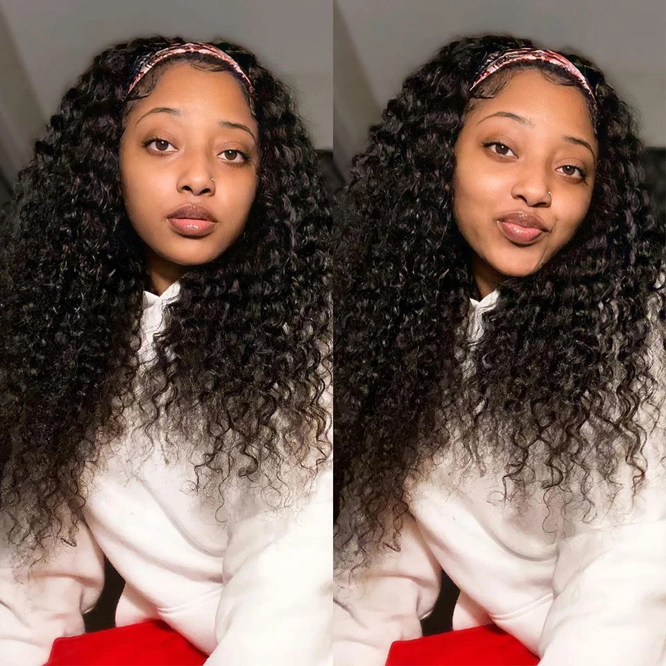 Deep Wave Headband Wigs Human Hair Pull Go Glueless Wig Half Wigs Full Machine Made Deep Curly Headband Wig 180%
