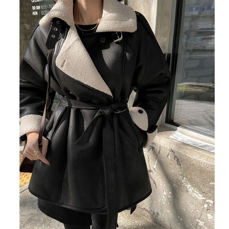 

Women's Winter Faion Slim Fit Fur Leather Jaet Mid-Length Motorcycle Coat Warm Fce Inner Padded Coffee Brown Color