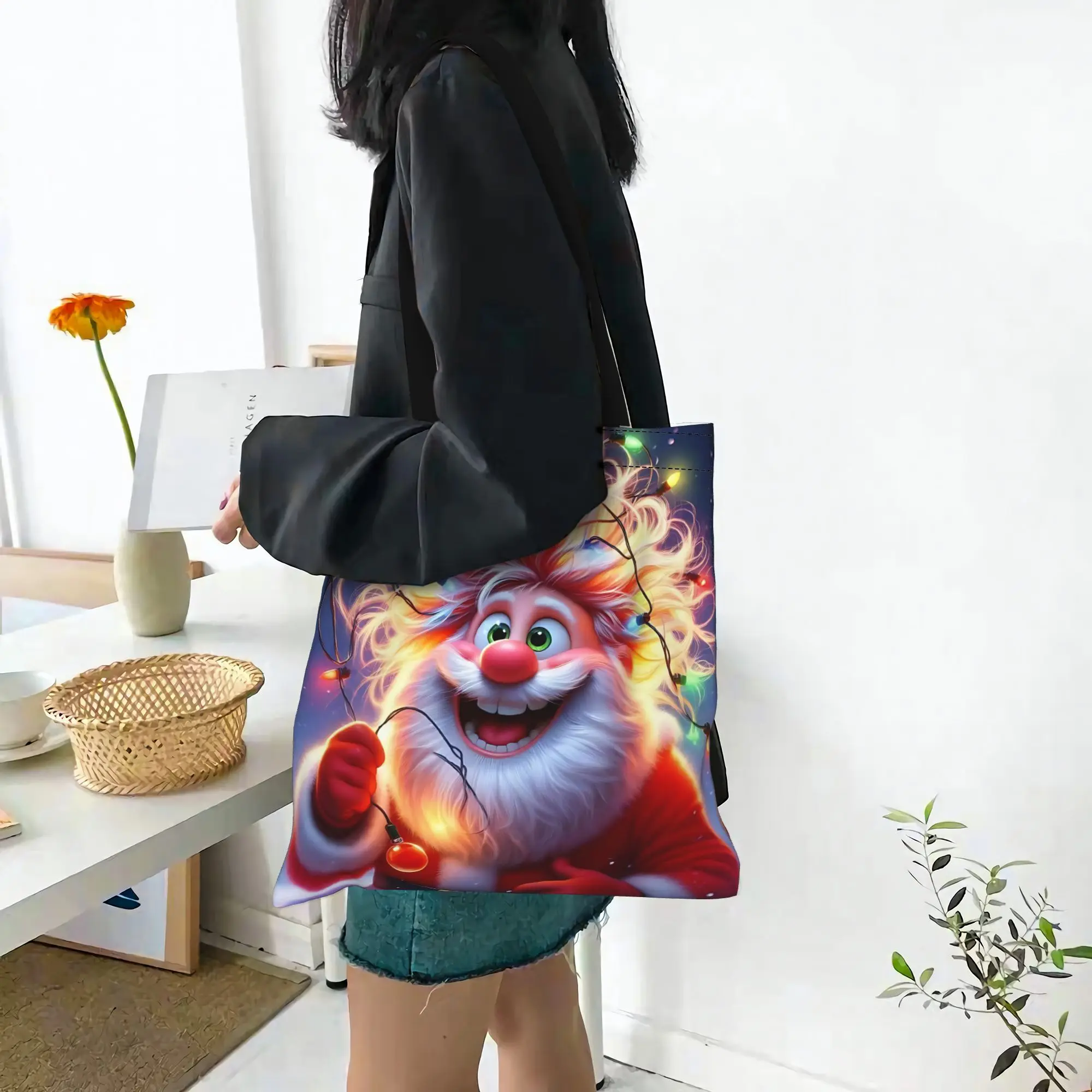 Customized Color Light Crazy Hair Santa Women's Bag Shopping Bag Reusable Double Sided Canvas Tote Bag Shoulder  Handbag