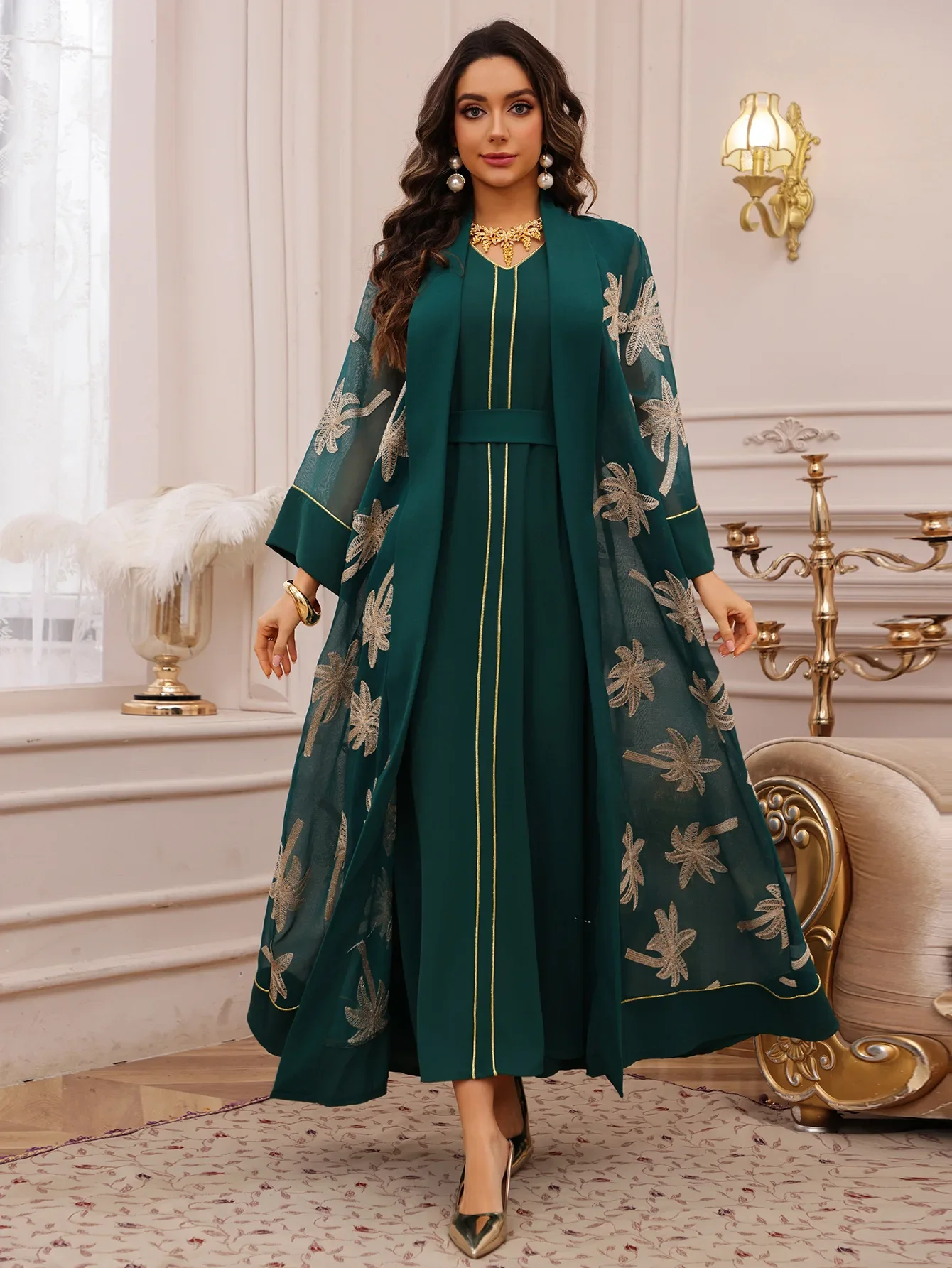 Eid Women Dress Abaya 2 Piece Set Muslim Musulman Ensembles Party Jalabiya Ramadan Abayas Vestidos Largos Kaftan Arab Long Robe
