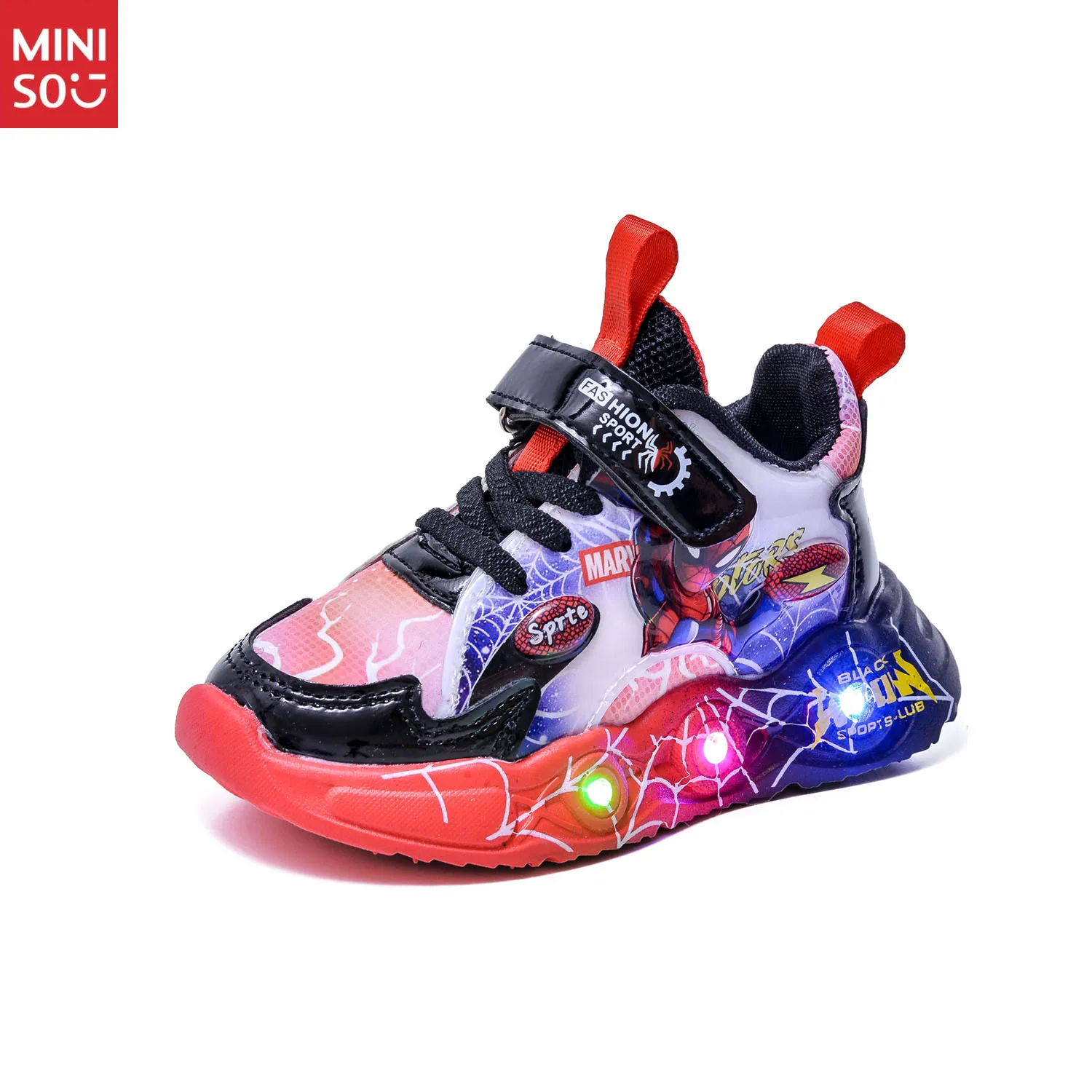 أحذية رياضية مينيسو 2025 للأطفال لربيع الخريف، أحذية جلدية بمستشعر حركة LED سبايدر مان للأولاد