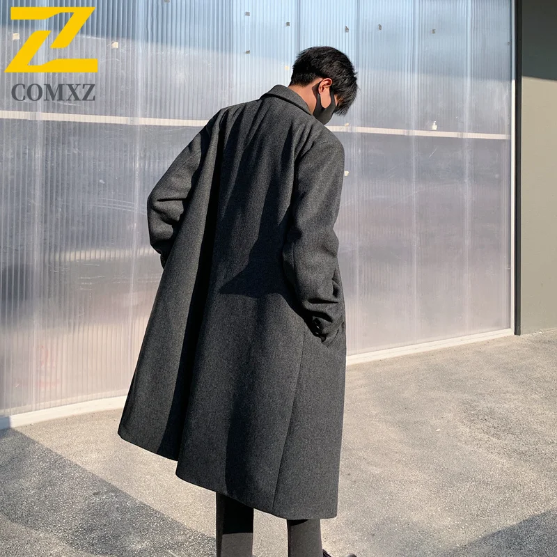 COMXZ Long Wool Overcoat Men Korean Style Autumn Winter Fleece Lined Thickened Woolen Trench Casual Travel Windproof Garment