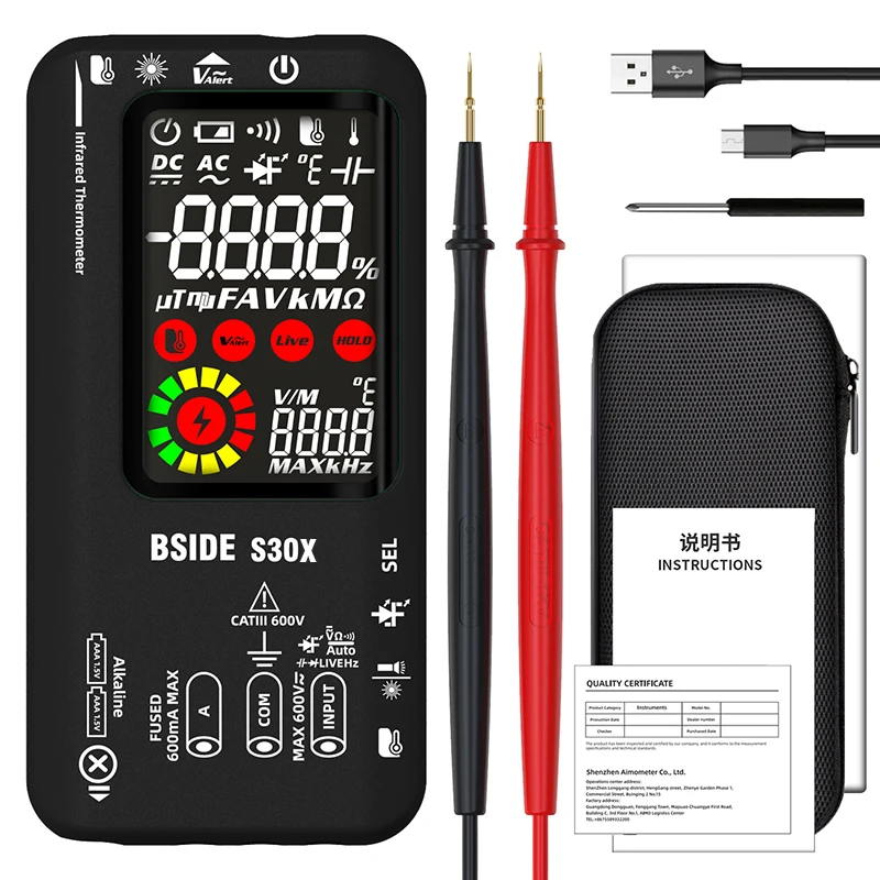 BSIDE S30X Charge Auto Range Digital Multimeter Professional Electrician Tool 9999 AC DC Voltage Current 15V Diode Temp Tester