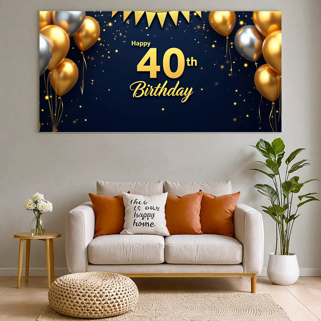 Golden Birthday Celebration Happy 40th Birthday Backdrop Banner with Balloons and Stars Party Decorations Photography Background