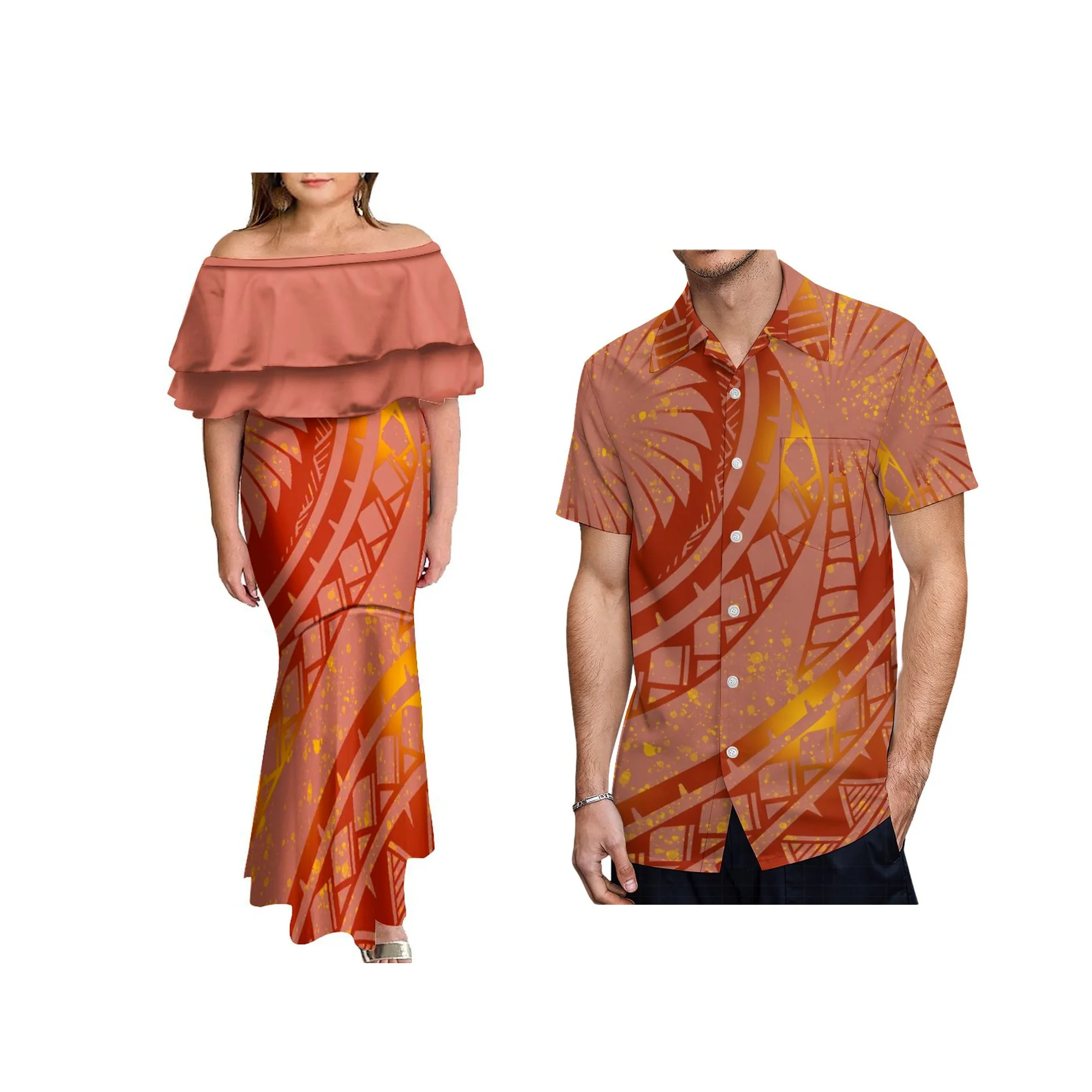 High Quality  Women's Cheap Dresses Polynesia Design Double Ruffle Half Shoulder Mermaid Dress Drop Shipping