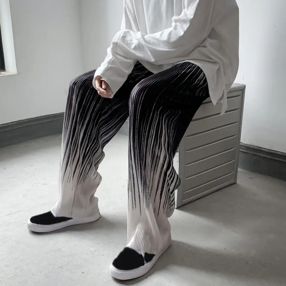 Vintage Gradient Color Wide Leg Pants Men Summer Thin Pleated Straight Trousers High Waist Elastic Streetwear Women Pants