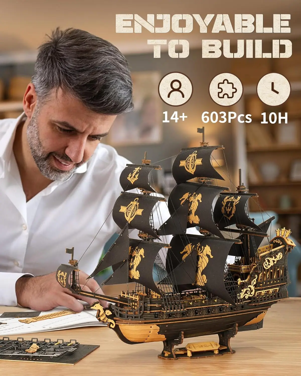 Seahorse Barque 3D-Holzpuzzle für Erwachsene – Segelboot-Modellbausatz, 603-teilige DIY-Montage, Segelboot im Maßstab 1:100 MCB02