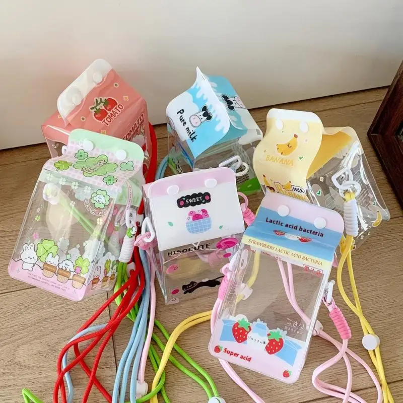 Saco de brinquedos de caixa de leite fofo - Vitrine de crachá transparente |   Mini caixa de armazenamento de boneca com cordão, acessório decorativo de passeio