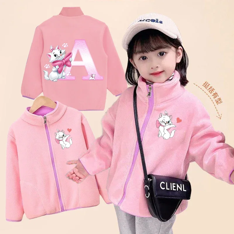 The Aristocats Marie Cat Children Fleece-lined Warm Top Jacket Girls Casual Style Coat Zippers Sweatshirt Double-Collared Fleece