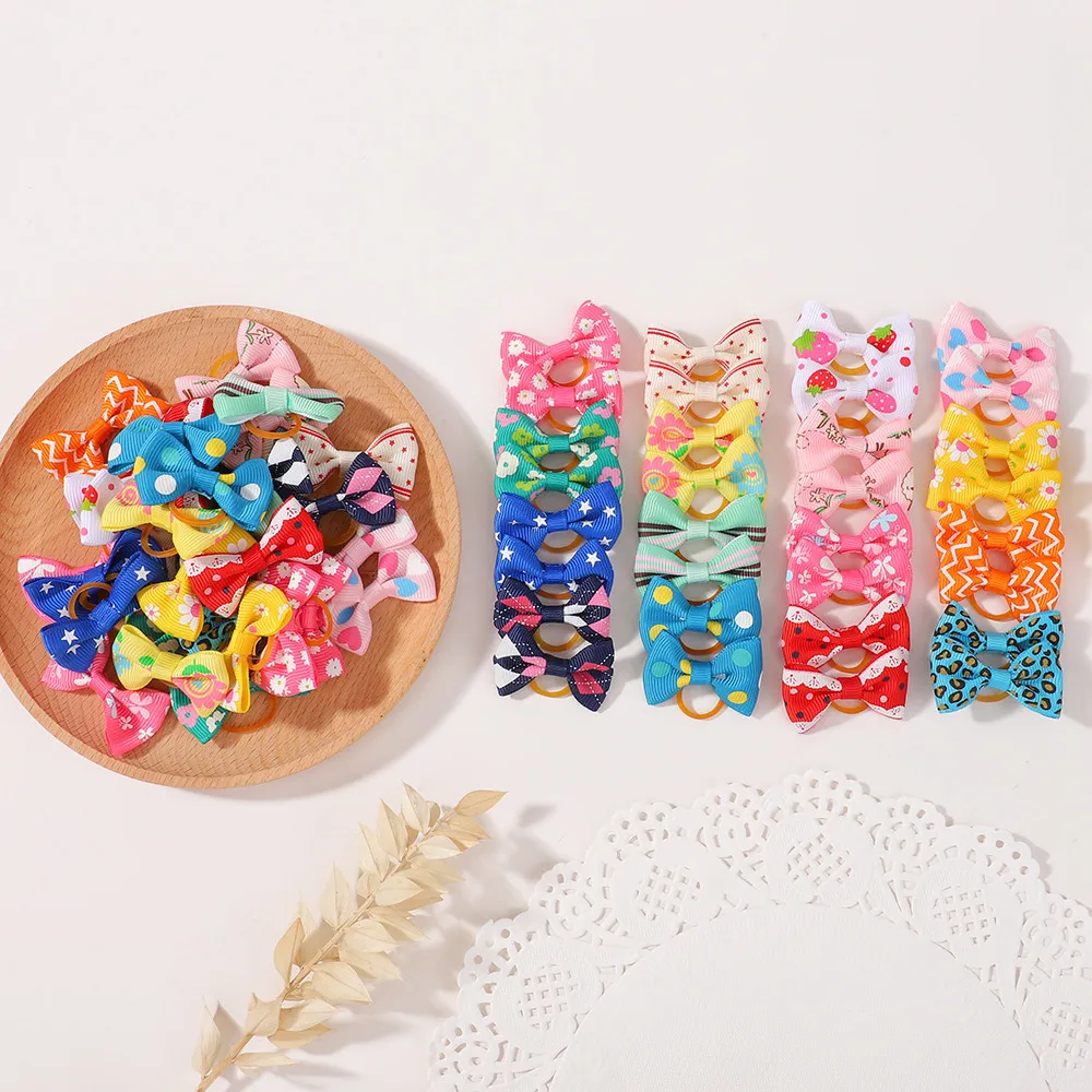 50 pezzi Fasce per capelli di colore casuale Piccola stampa Bowknot Ragazze Copricapo per bambini Bambini Copricapo elastico Corda per capelli Accessori per capelli