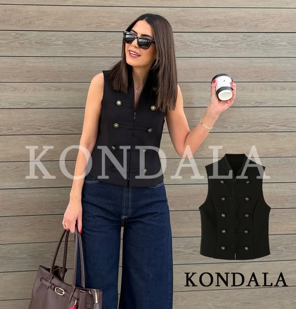 KONDALA Women Chic High Street Vest Elegant Vintage Buttons Decoration Vest Jacket 2026 Spring Summer Trends Slim Zipper Vest