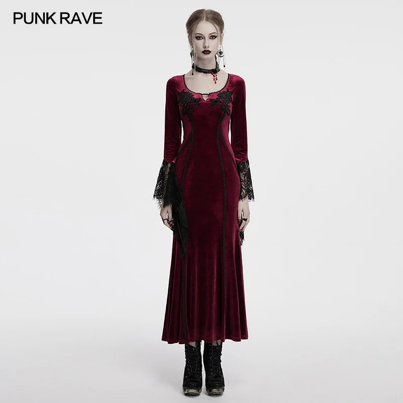 PUNK RAVE Abito da donna in velluto di alta qualità con taglio liscio gotico Elegante Party Club Beauty Polsini in pizzo Abiti lunghi Due colori